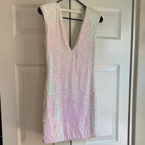Iridescent Pink and White Sequin V-Neck Dress